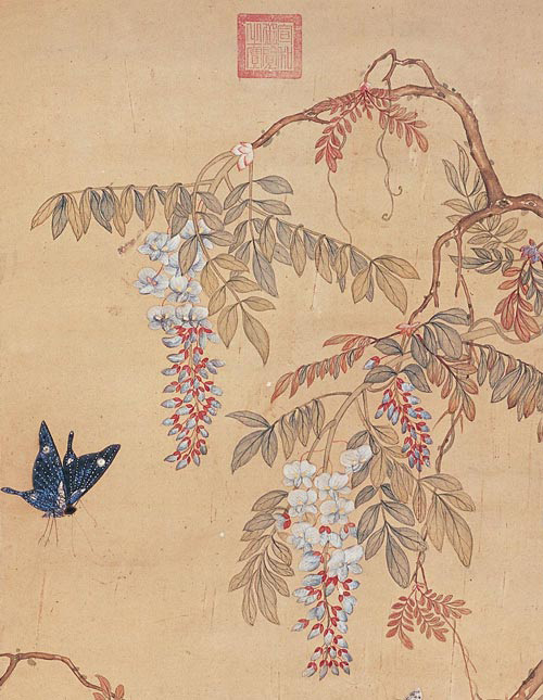 Butterfly and Chinese wisteria flowers by Xu Xi (Hsü Hsi)