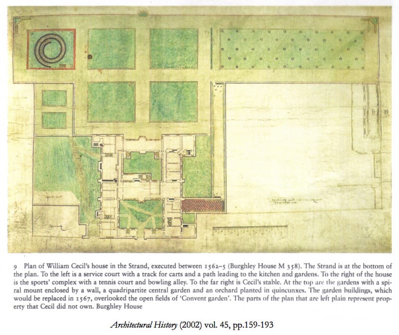 This coloured plan of the house and garden as it was ca 1562-67 was discovered in 1999 at Burghley House. It is said to be the earliest plan known of any English garden.