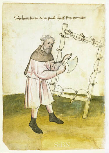 A 15th century parchment maker using a crescent-shaped scraper working a stretched skin clamped to a drying frame